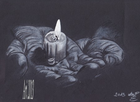 Gyertya a kézben.. A4 Fekete lapra ,fehér ceruzával készített rajzom